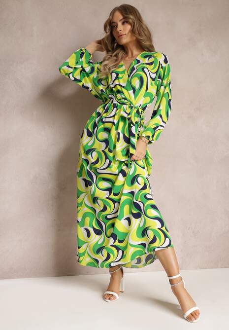 Zielona Rozkloszowana Sukienka Maxi z Wiązanym Paskiem Sanetra