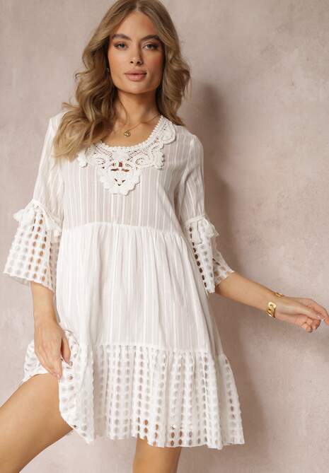 Rochie mini albă din bumbac cu decolteu din dantelă și mâneci 3/4 decorate Chlona 4