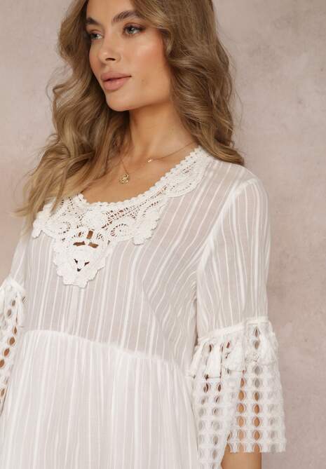 Rochie mini albă din bumbac cu decolteu din dantelă și mâneci 3/4 decorate Chlona 5