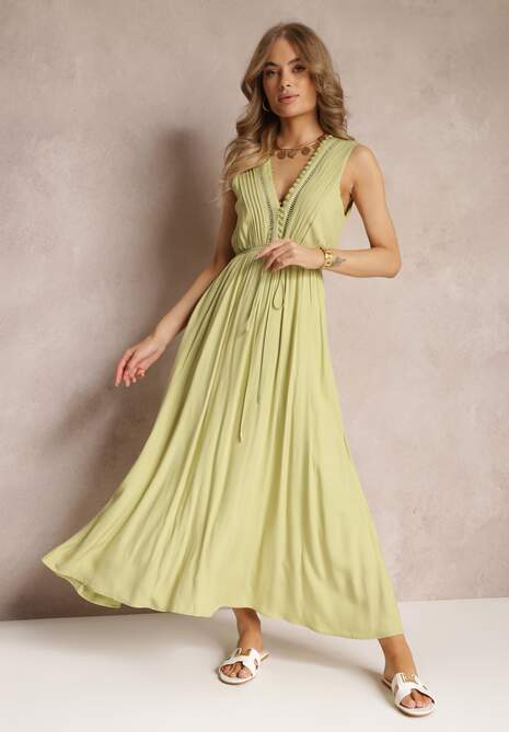 Zielona Rozkloszowana Sukienka Maxi z Gumką w Talii i Ozdobnymi Guzikami z Wiskozy Vianna
