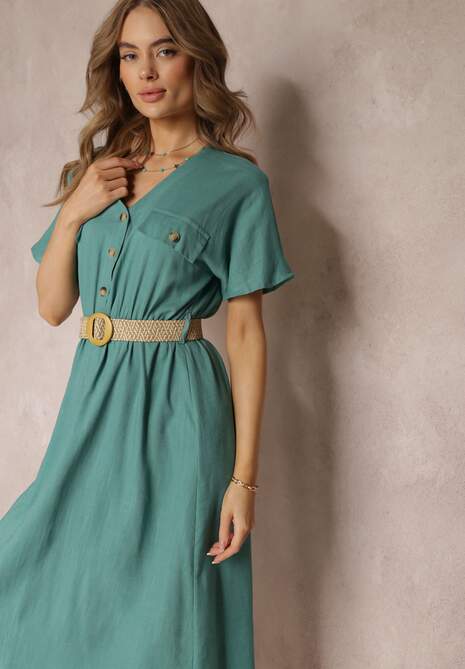 Rochie cămașă midi verde din bumbac cu elastic în talie și curea împletită Emera 4