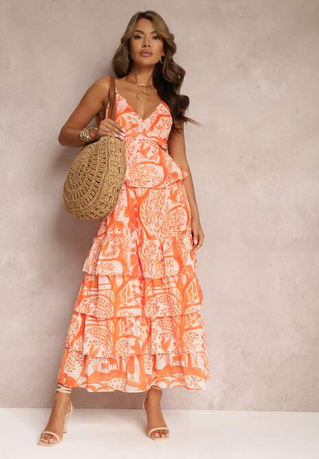 Pomarańczowa Rozkloszowana Sukienka z Falbankami na Ramiączkach Nakayla