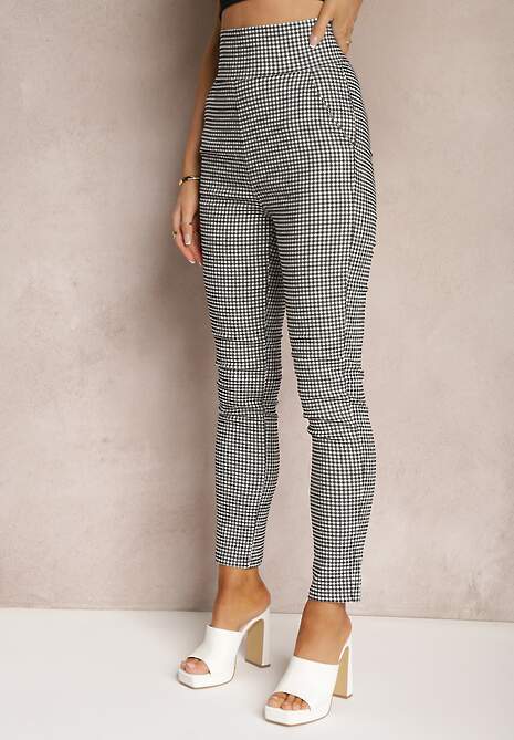 Biało-Czarne Spodnie Typu Skinny High Waist w Pepitkę Rivanes 4