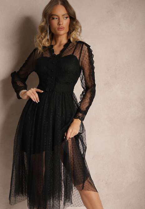 Rochie Neagră Cloș Midi Tul Dantelă Rislaine 4