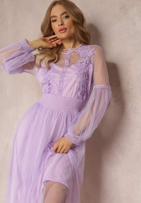 Rochie Violetă din Tul Cloș cu Dantelă Nirthe 4