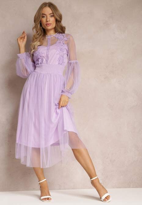 Fioletowa Tiulowa Sukienka Rozkloszowana z Koronką Nirthe