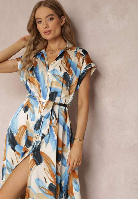 Rochie Midi Albastră Imprimată cu Guler și Curea din Material Jenica 4