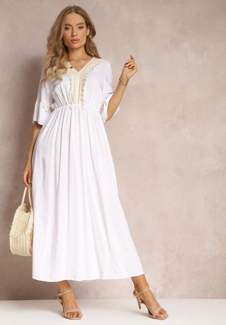Biała Sukienka Maxi z Gumką w Talii z Ozdobnymi Chwostami z Wiskozy Zisel