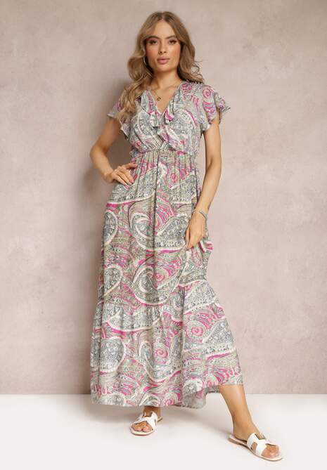 Rochie Fucsia-Bej din Vascoză cu Elastic în Talie și Decolteu Tip Plic Asima 4
