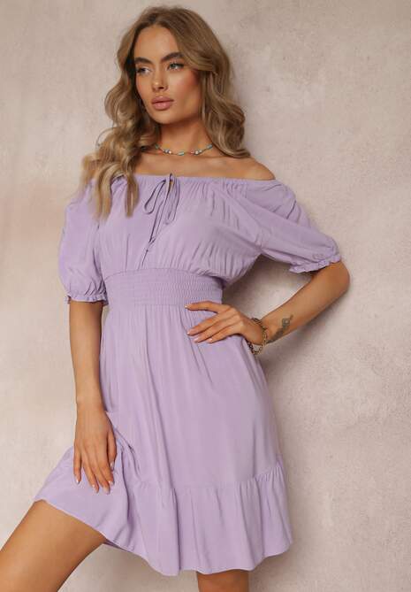Rochie Violetă din Bumbac cu Umeri Descoperiți și Elastic în Talie Rosaliesta