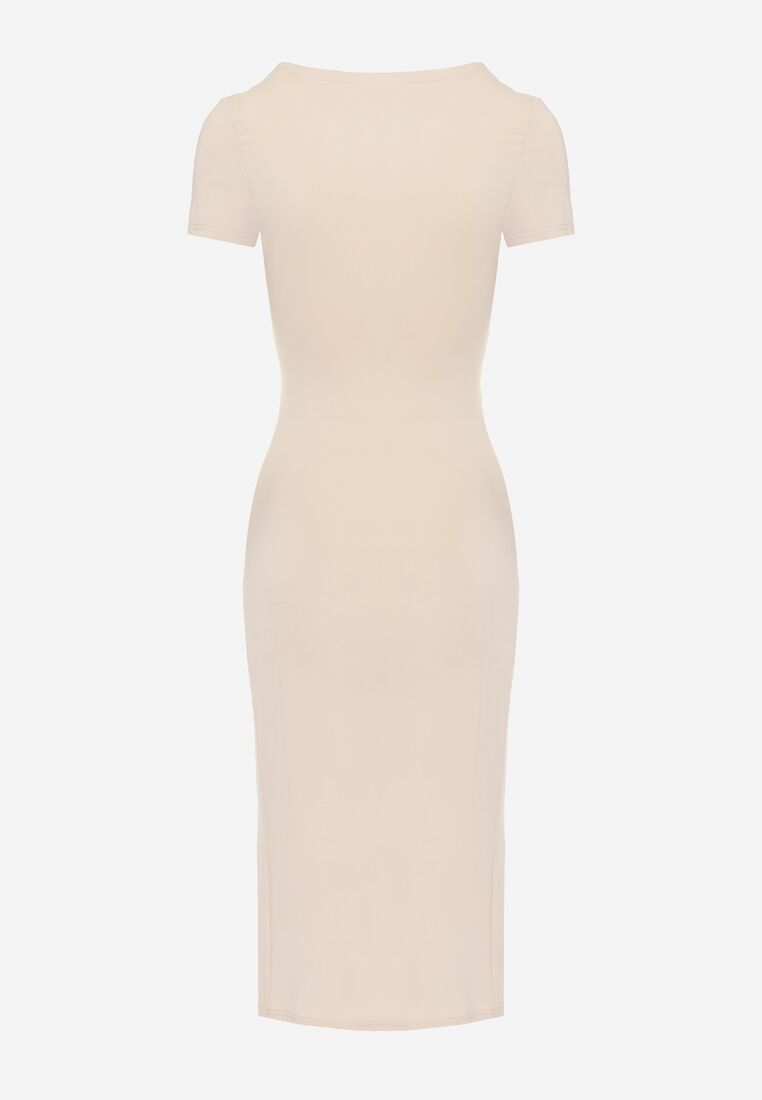 Rochie midi bej cu decolteu pătrat și drapaje Charloti 7