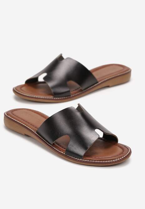 Czarne Klapki ze Skóry Naturalnej i Wycięciami Terenia 4