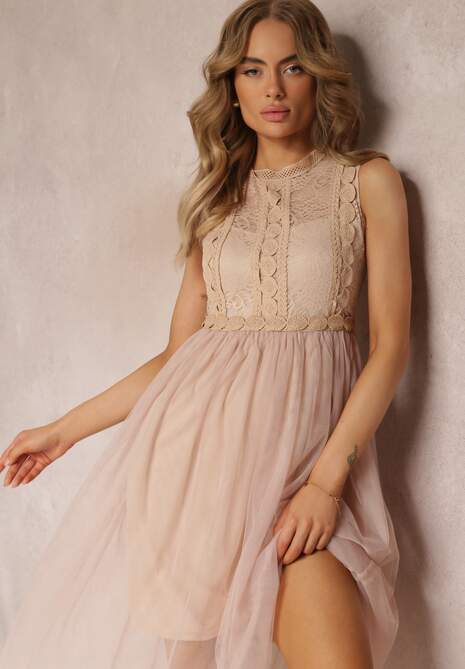 Rochie de Cocktail Midi Bej Deschis cu Dantelă în Partea de Sus și Tul în Partea de Jos Nebulia 4
