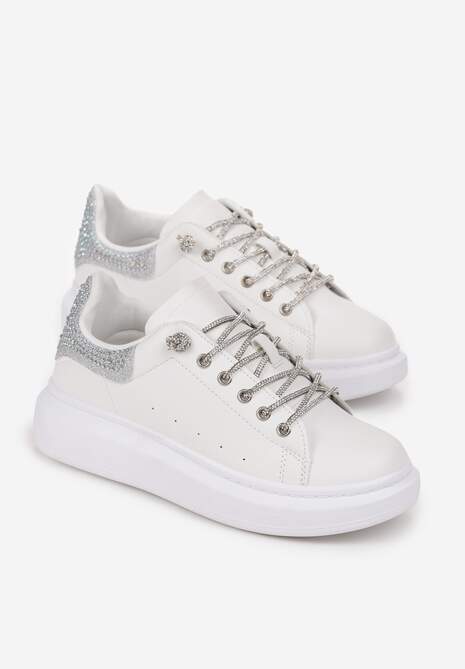 Srebrne Sneakersy z Cyrkoniami na Sznurowadłach i Zapiętku Reville 4
