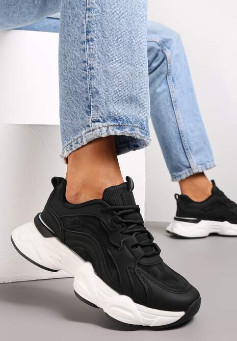 Sneakerși Negri pe Talpă Groasă cu Cusături Hibisca