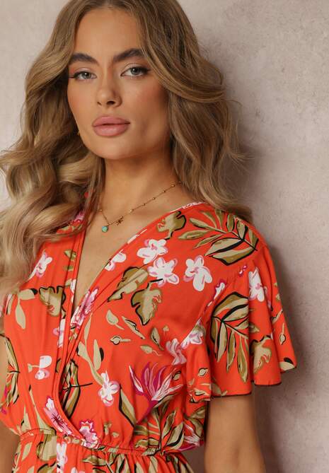Rochie mini portocalie din viscoză cu elastic în talie și decolteu petrecut cu flori Eleagnecca 5