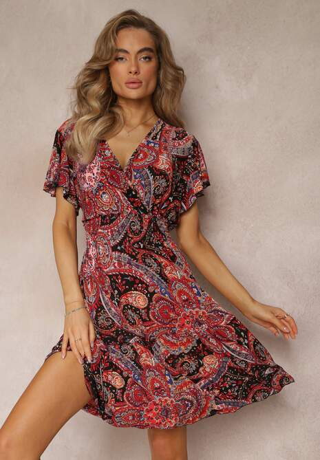 Rochie Mini Roșu-Negru cu Decolteu Încrucișat și Elastic în Talie cu Imprimeu Floral Caladin 4