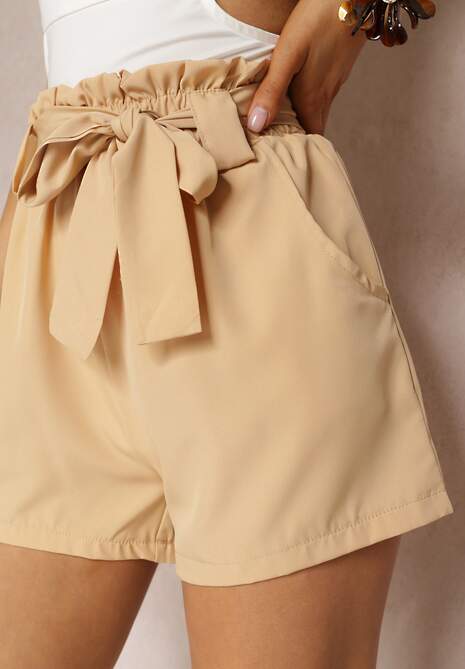 Beżowe Szorty High Waist z Materiałowym Paskiem i Kieszeniami Leonitte 5