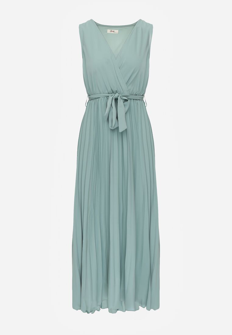 Zielona Rozkloszowana Sukienka Maxi z Plisowanym Dołem i Gumką w Talii Sare 6