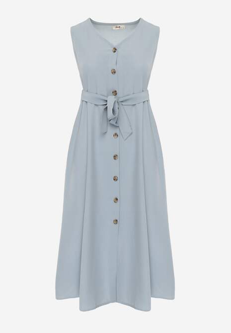 Jasnoniebieska Trapezowa Sukienka Midi bez Rękawów z Wiązanym Paskiem Ajana 6