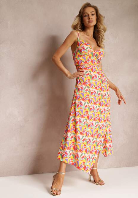Różowo-Żółta Wzorzysta Sukienka Maxi na Ramiączkach z Gumkami na Plecach Zinela