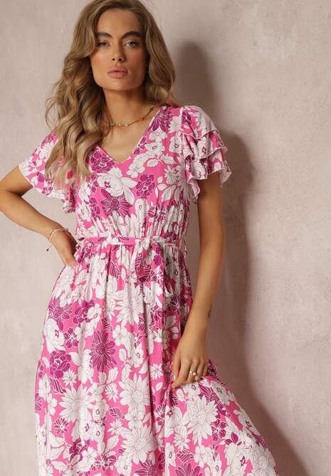 Rochie roz din viscoză cu flori cu cordon Malore 4