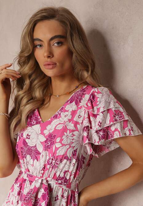 Rochie roz din viscoză cu flori cu cordon Malore 5