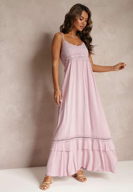 Różowa Rozkloszowana Sukienka Maxi na Cienkich Ramiączkach z Koronkowymi Wstawkami Tilo
