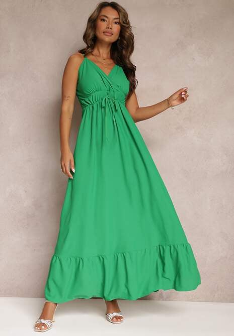 Zielona Długa Sukienka Maxi z Falbaną na Dole i Gumką w Talii Sherrie