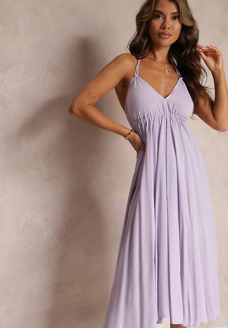 Rochie Midi Violetă din Viscoză cu Legătură la Gât Alleve 4