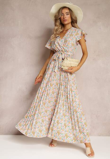 Jasnożółta Plisowana Sukienka Maxi w Kwiatki z Gumką w Talii Ikama