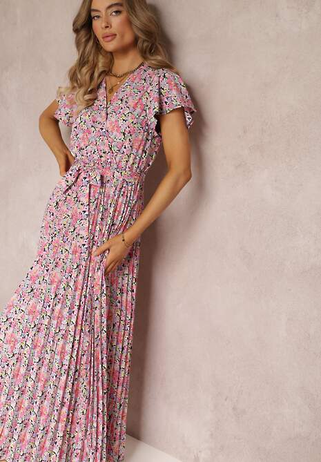 Jasnofioletowa Plisowana Sukienka Maxi w Kwiatki z Gumką w Talii Ikama