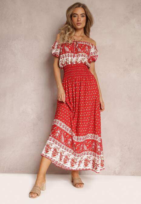 Czerwona Sukienka Hiszpanka Maxi z Gumką w Pasie z Bawełny Eilena