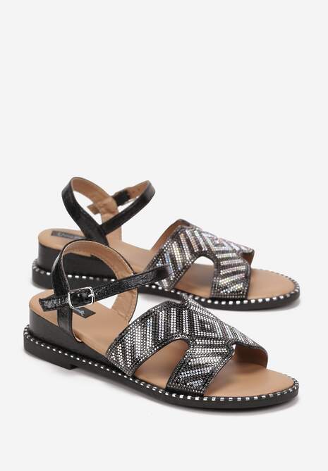 Sandale Negre pe Platformă Joasă cu Barete cu Pietre Strass Kyland 4