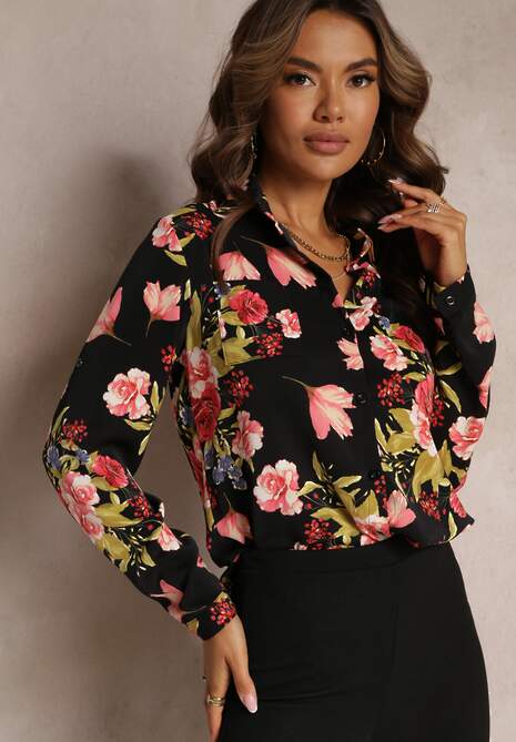 Camasa Neagra cu Guler Floral din Viscoza Jinall 4
