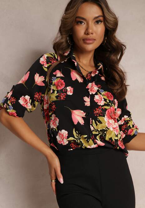 Camasa Neagra cu Guler Floral din Viscoza Jinall