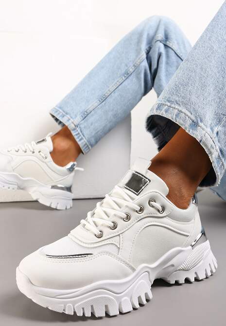 Białe Sznurowane Sneakersy z Metalicznym Wstawkami na Grubej Podeszwie Nadre