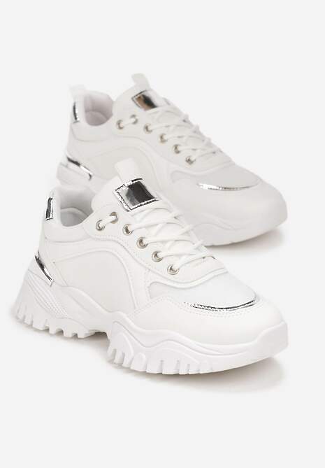 Białe Sznurowane Sneakersy z Metalicznym Wstawkami na Grubej Podeszwie Nadre 4