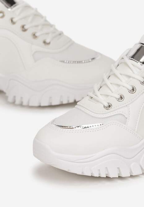 Białe Sznurowane Sneakersy z Metalicznym Wstawkami na Grubej Podeszwie Nadre 5