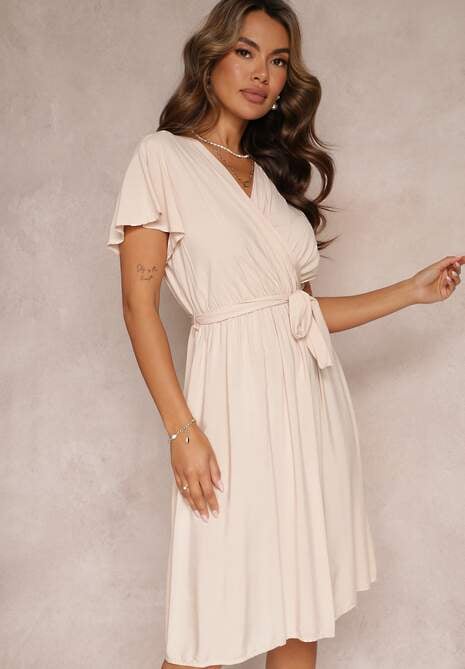 Beżowa Rozkloszowana Sukienka Midi z Wiązanym Paskiem Elemia
