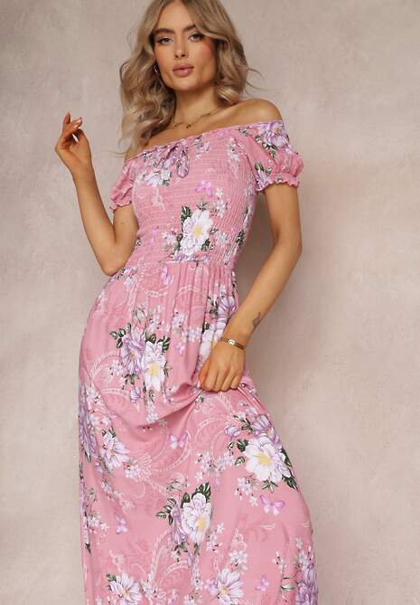 Rochie Maxi Roz cu Decolteu Ornat și Bretele Subțiri Nesaina 4