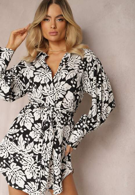 Rochie Mini Alb-Negru Cu Croi Cloș Tip Cămașă Cu Imprimeu Floral Enda 4