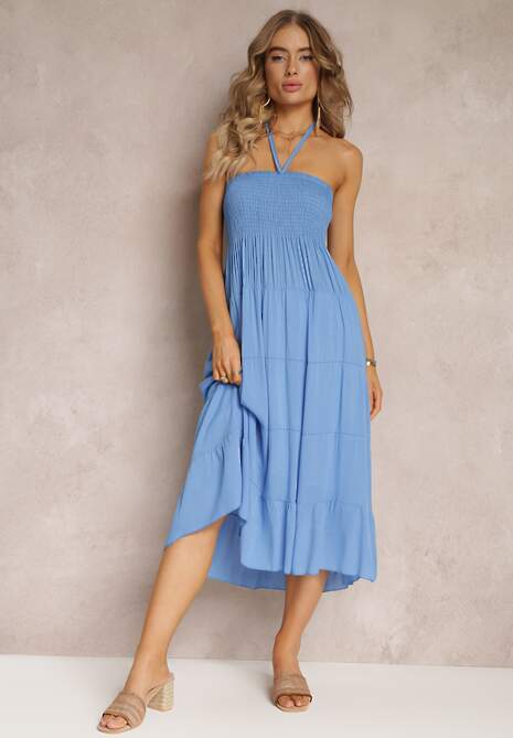 Niebieska Sukienka Midi bez Ramiączek z Wiskozy Arme 4