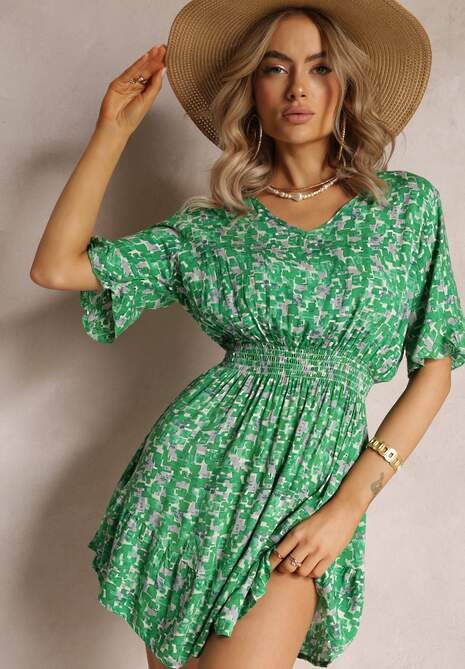 Zielona Rozkloszowana Sukienka Mini z Wiskozy Ozdobiona Falbanką z Gumką w Talii Etase
