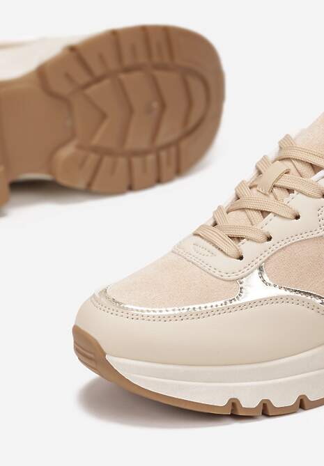 Beżowe Sneakersy na Grubej Podeszwie Ozdobione Metalicznymi Lamówkami Sawla 5