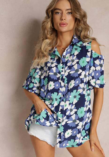 Niebieska Koszula Open Shoulder w Kwiatowy Print Veconda 4