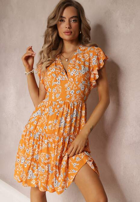 Pomarańczowa Rozkloszowana Sukienka z Wiskozy i Falbankami Brindisi