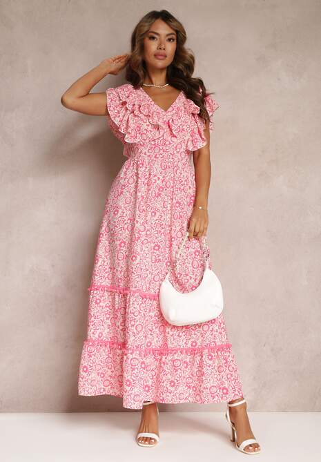Różowa Wiskozowa Sukienka Maxi z Falbanką przy Dekolcie i Gumką w Pasie Lamimore