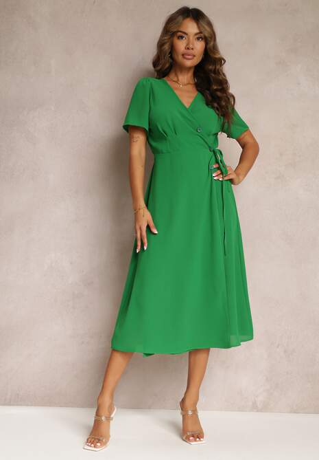 Zielona Sukienka Midi z Kopertowym Dekoltem i Wiązaniem w Pasie Elisanu