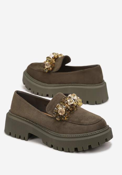 Zielone Mokasyny z Kryształkami na Grubej Podeszwie Kimza 4